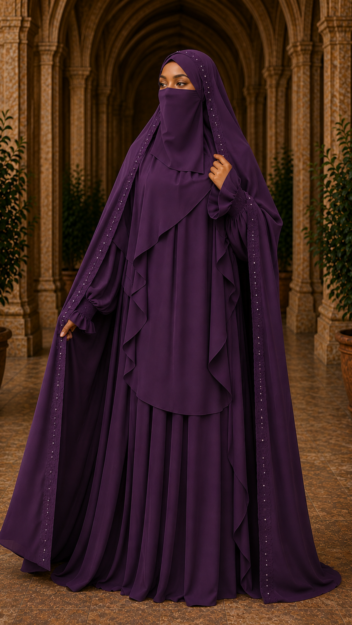 Nur Chadar Set – Flower & Pearl Trim Overhead Abaya with Pleated Abaya & Half Niqab