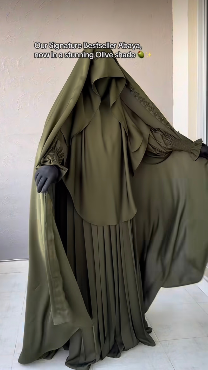 Olive Green Rasheeda Embroidered Overhead Abaya – Floral Stitch Full Coverage Jilbab Abaya | Brand B Curated