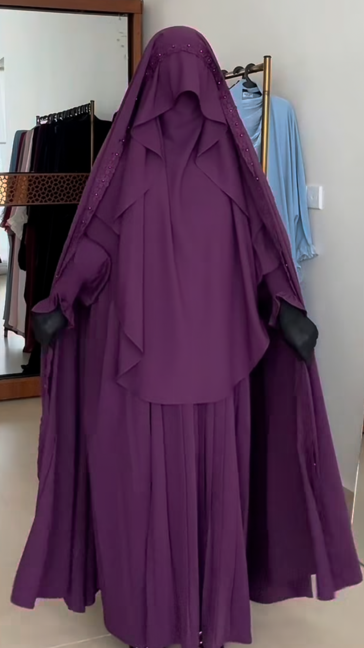 Nur Chadar Set – Flower & Pearl Trim Overhead Abaya with Pleated Abaya & Half Niqab