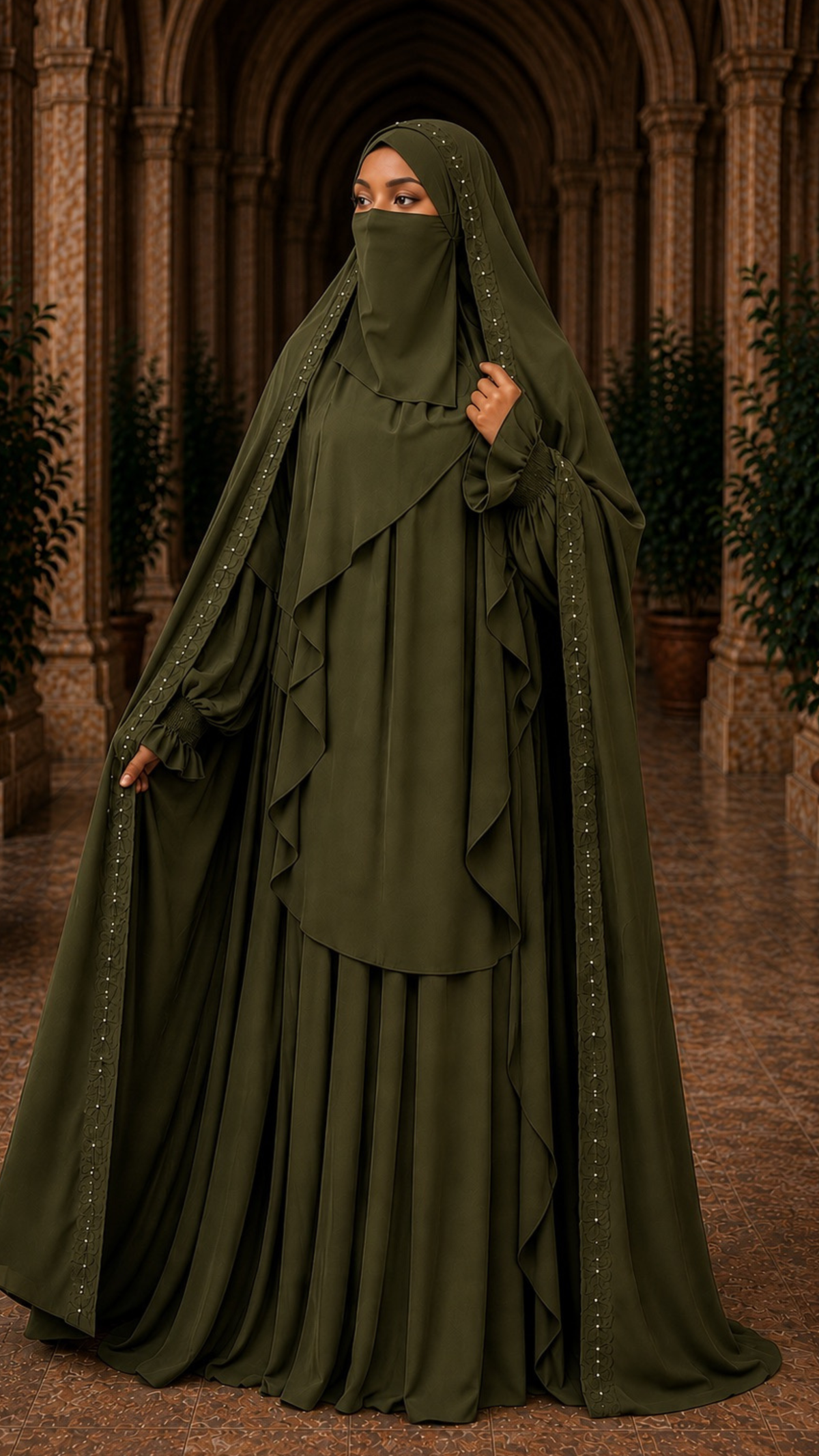 Olive Green Rasheeda Embroidered Overhead Abaya – Floral Stitch Full Coverage Jilbab Abaya | Brand B Curated