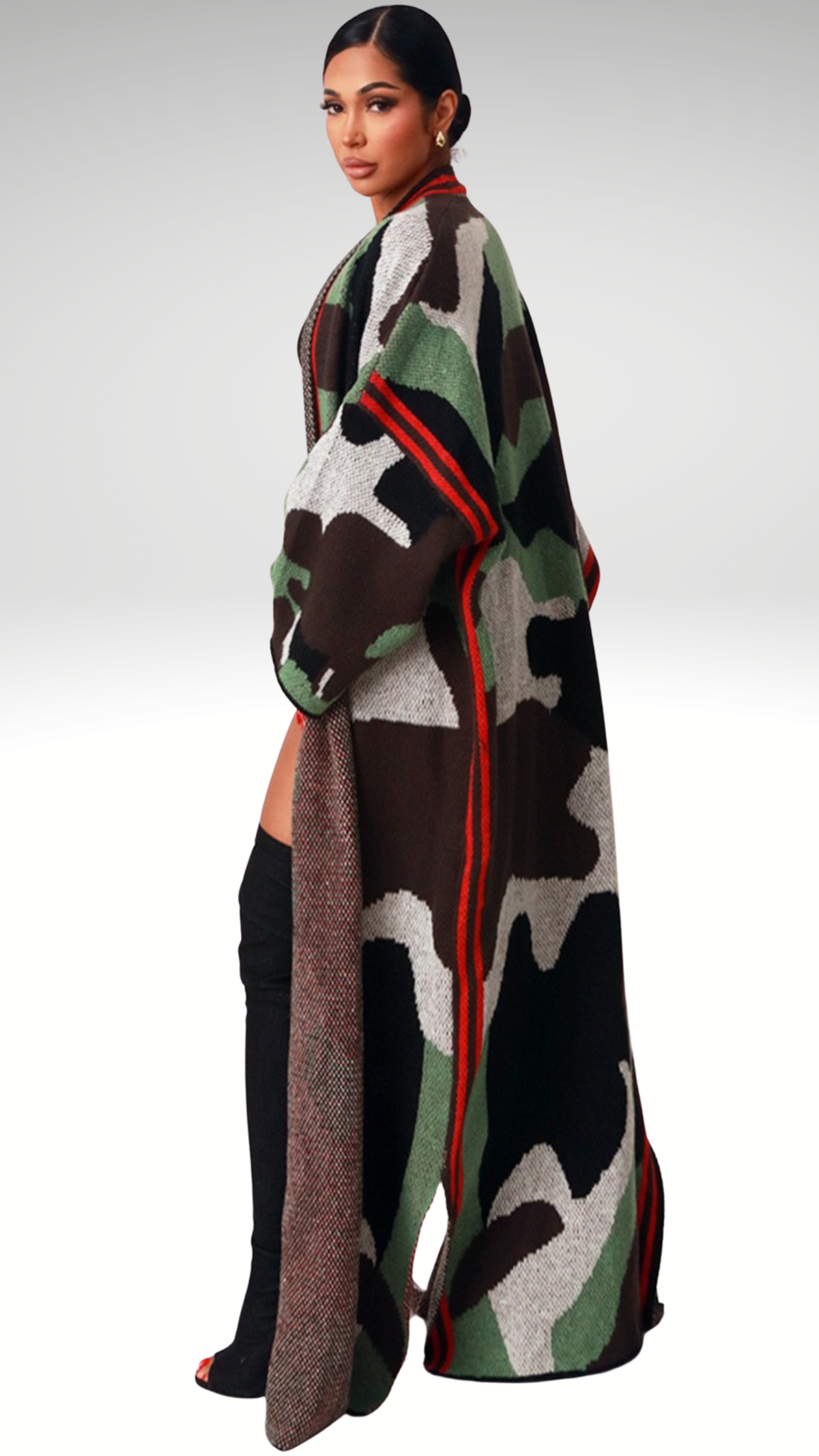 CAMOUFLAGE PRINT OPEN FRONT CARDIGAN