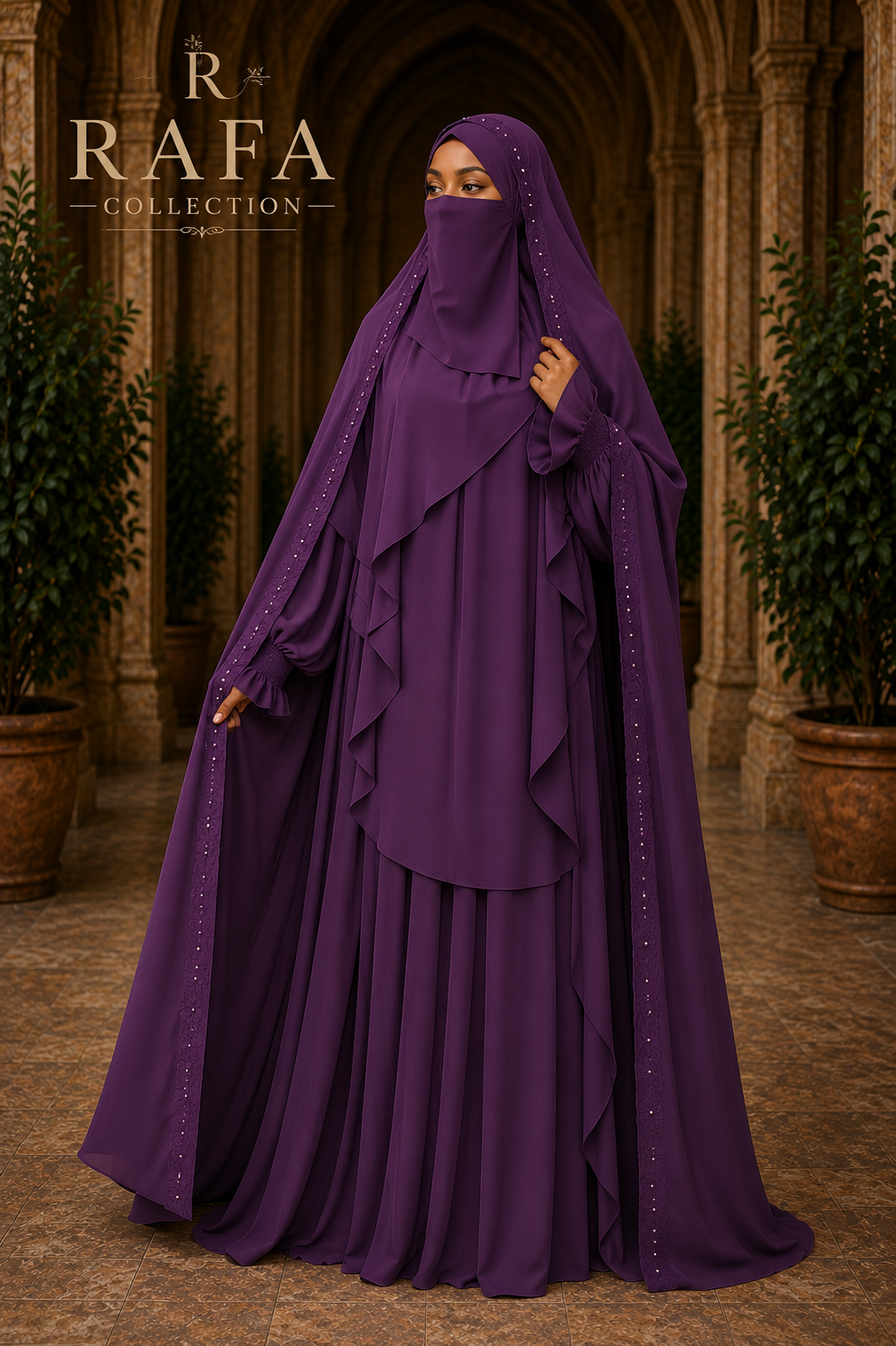 Nur Chadar Set – Flower & Pearl Trim Overhead Abaya with Pleated Abaya & Half Niqab