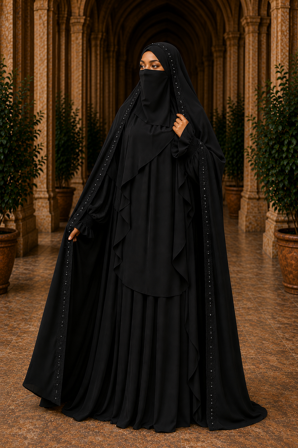 Nur Chadar Set – Flower & Pearl Trim Overhead Abaya with Pleated Abaya & Half Niqab