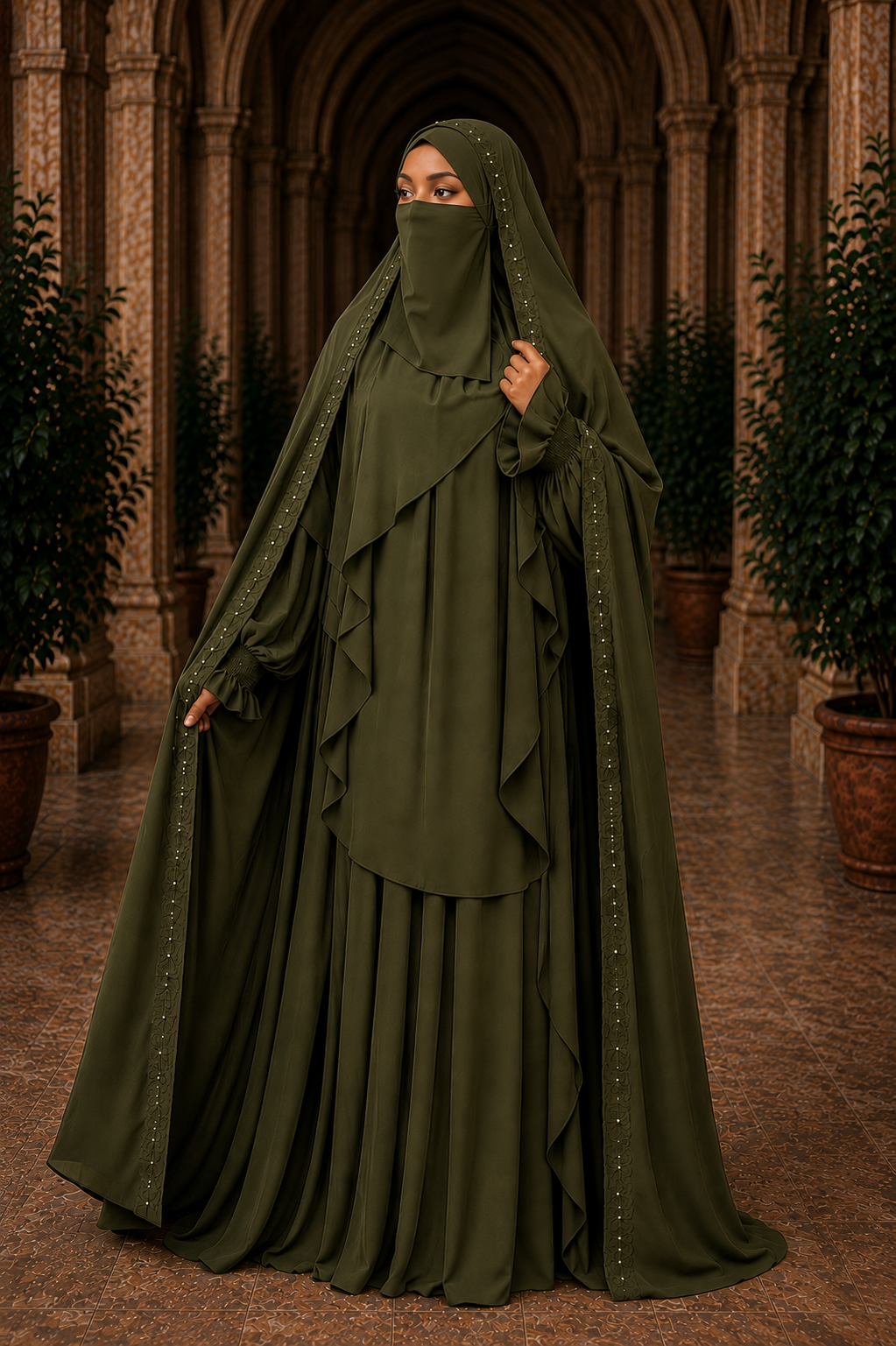 Nur Chadar Set – Flower & Pearl Trim Overhead Abaya with Pleated Abaya & Half Niqab