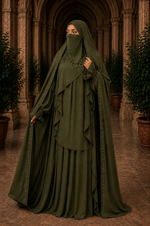 Nur Chadar Set – Flower & Pearl Trim Overhead Abaya with Pleated Abaya & Half Niqab